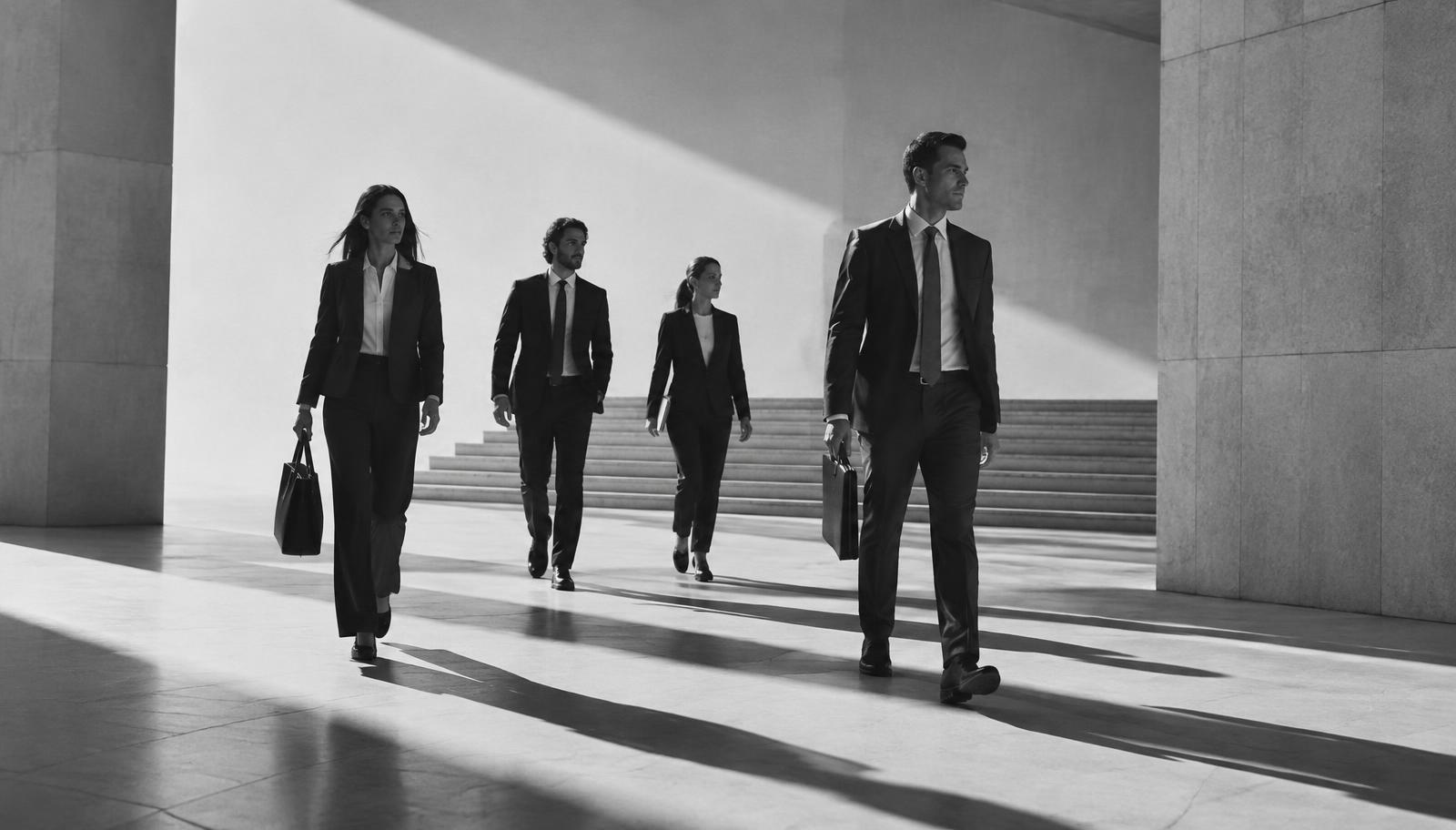 Professionals walking forward through a bright architectural space